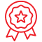 Icône de badge rouge avec une étoile centrale et des rubans, symbolisant la qualité, l'excellence ou une récompense officielle.