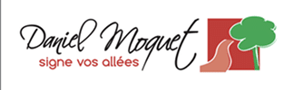 Logo Daniel Moquet : nom en script noir, slogan "signe vos allées" rouge, et pictogramme chemin brun vers arbre vert.