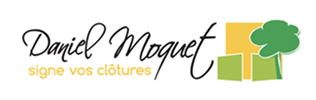 Logo Daniel Moquet 'signe vos clôtures' : texte script, slogan orange, paysage stylisé avec arbre vert et champs.