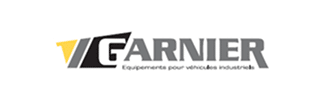 Logo Garnier avec des formes géométriques jaunes, grises et noires évoquant un équipement industriel. Le texte indique "Équipements pour véhicules industriels".