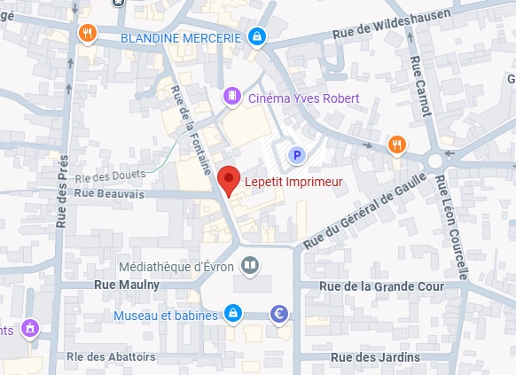 Carte de la localisation de Lepetit Imprimeur à Évron, près du Cinéma Yves Robert et de la Médiathèque. Rues principales: Général de Gaulle, Fontaine.