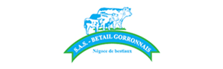 Logo S.A.S. Bétail Gorronnais présentant trois vaches bleues stylisées sur un socle vert, avec la bannière « Négoce de bestiaux ».