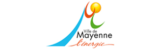 Logo officiel de la Ville de Mayenne, composé de formes fluides bleu, orange et vert avec un cercle jaune, accompagné du texte "Ville de Mayenne L'énergie".