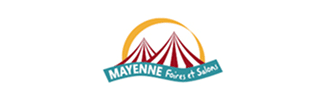 Logo "MAYENNE Foires et Salons" avec deux tentes de cirque rayées rouge et blanc, un arc orange et une banderole turquoise.