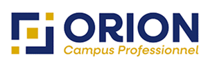 Logo ORION Campus Professionnel. Symbole géométrique stylisé bleu et or avec le nom de l'établissement d'enseignement.