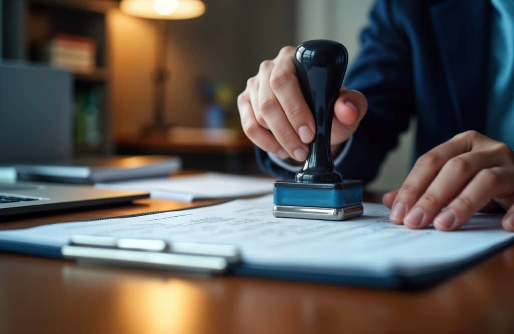Main tenant un tampon sur un document officiel pour validation. Scène de bureau avec ordinateur portable, lumière chaude.