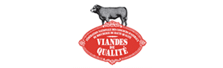 Logo Viandes de Qualité avec bovin, sur un écusson rouge orné. Mention "Appellation d'origine, haute qualité".
